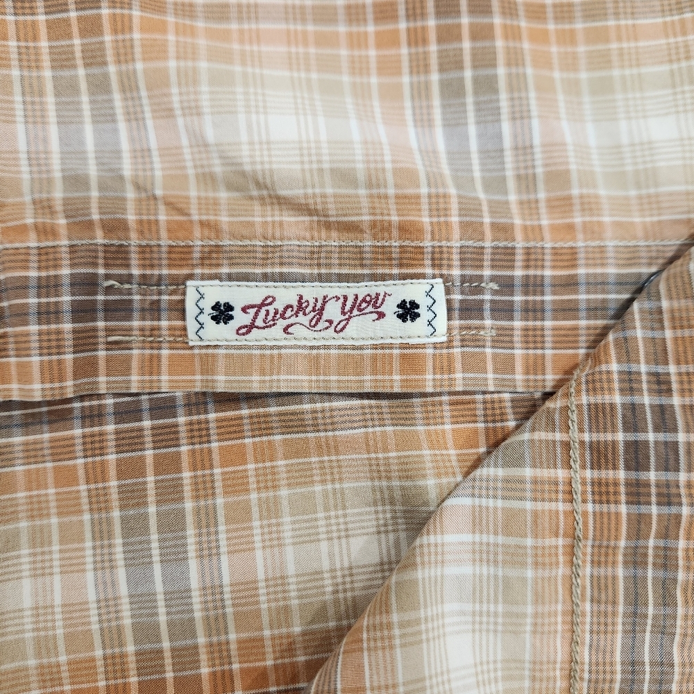 Lucky Brand Shirt Mens Large Brown 100% Cotton Pearl Snap Stretch Plaid Western - Picture 7 of 10